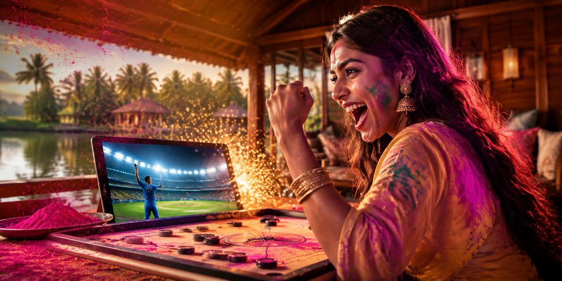 Indian player enjoying mobile casino games during Holi festival